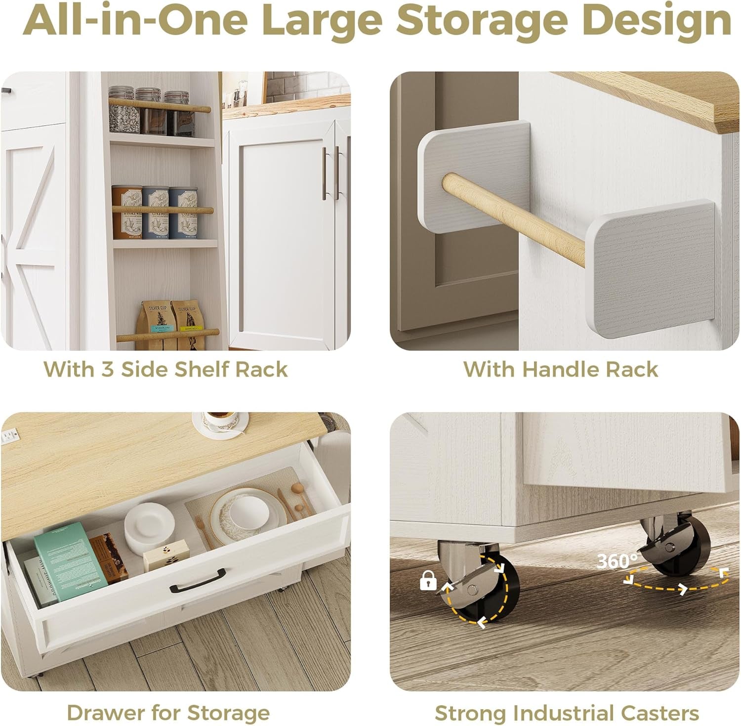 Kitchen Island Table with Storage, Rolling Kitchen Cart with Power Outlet, Storage Cabinets on Wheels with Drop Leaf, Portable for Dining Room, White