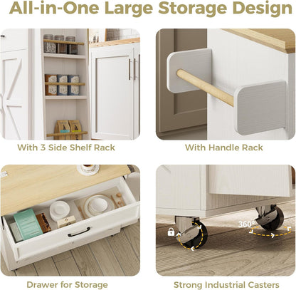 Kitchen Island Table with Storage, Rolling Kitchen Cart with Power Outlet, Storage Cabinets on Wheels with Drop Leaf, Portable for Dining Room, White
