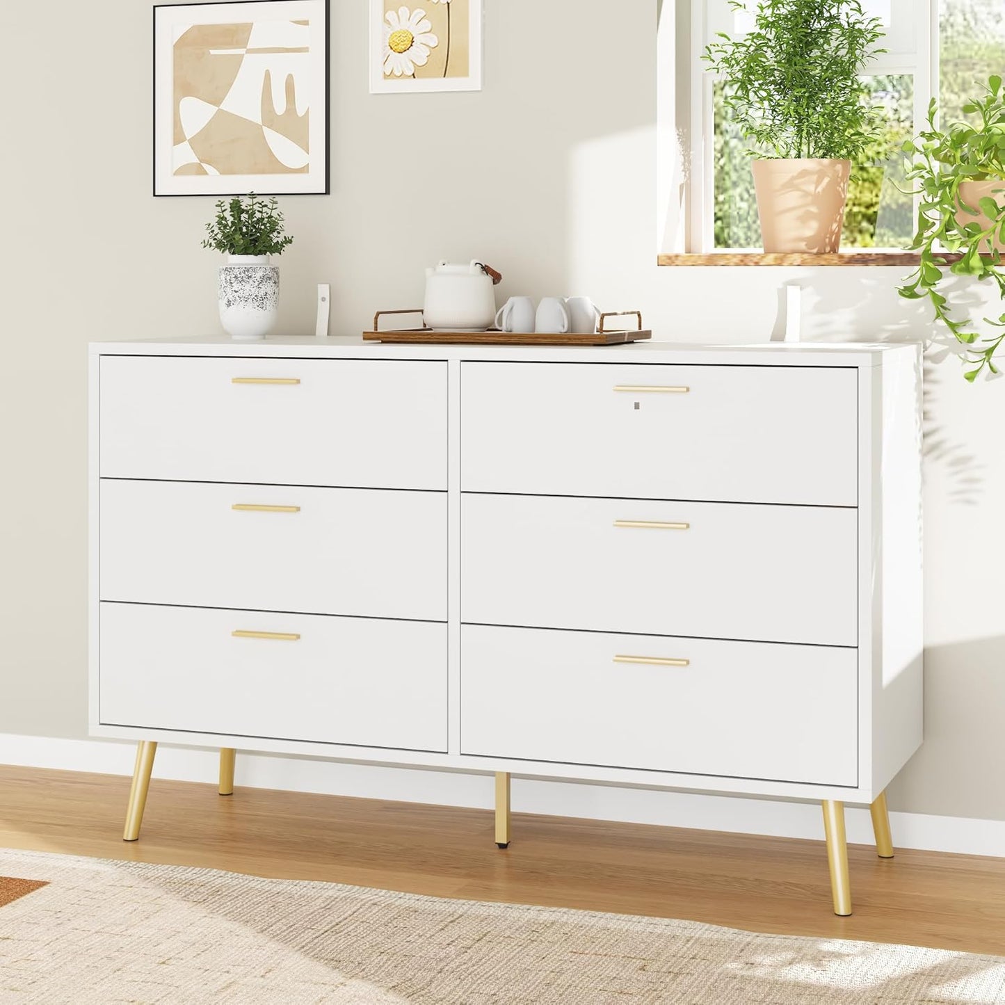 6 Drawer White Dresser, 47.2” Double Dresser with Gold Metal Handles and Legs, Modern Chest of Drawers Wood Storage Cabinet for Bedroom Living Room, 47.2”W X 15.7”D X 30.1”H