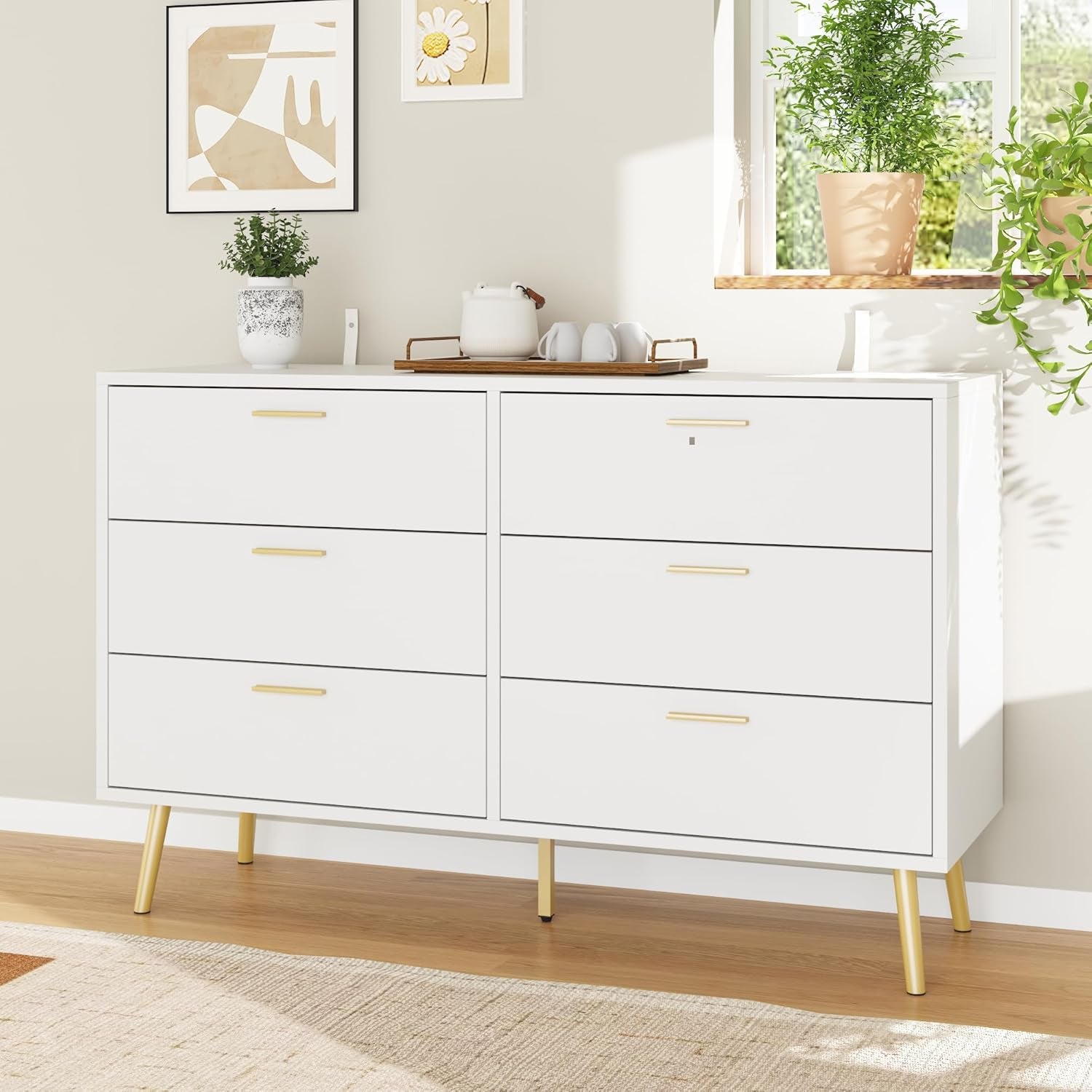 6 Drawer White Dresser, 47.2” Double Dresser with Gold Metal Handles and Legs, Modern Chest of Drawers Wood Storage Cabinet for Bedroom Living Room, 47.2”W X 15.7”D X 30.1”H
