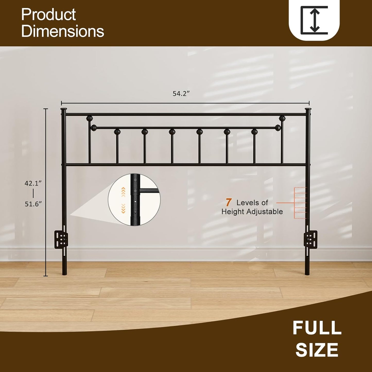 Metal Full Size Headboard, Adjustable Height, Full Headboard Only for Bedroom, Rustic Farmhouse Style, Attach Frame, Easy Assembly, Black