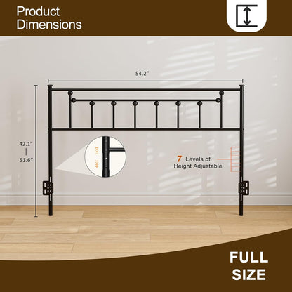 Metal Full Size Headboard, Adjustable Height, Full Headboard Only for Bedroom, Rustic Farmhouse Style, Attach Frame, Easy Assembly, Black