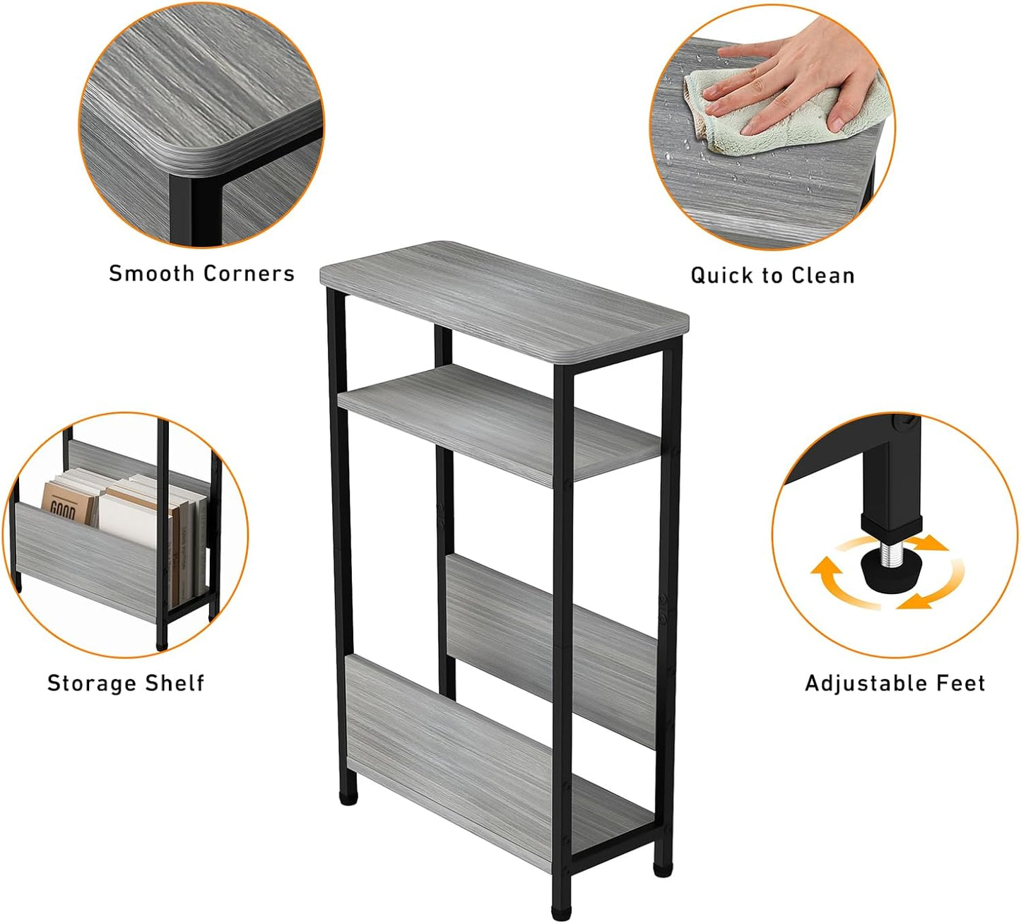 7.1" Narrow Side Table for Small Spaces, 3 Tier Small End Table with Magazine Holder, Slim/Skinny Nightstand/Bedside Table for Living Room, Bedroom, 15.4" L X 24.2" H, Gray