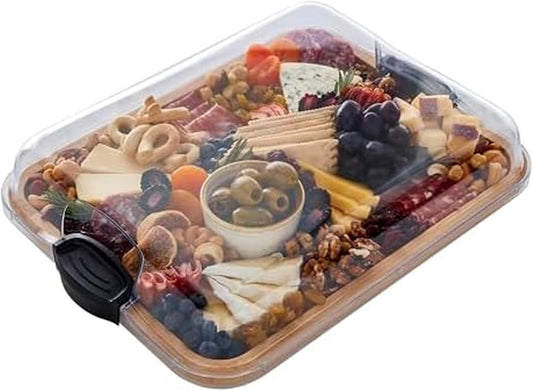 Build-A-Board Bamboo Cutting Board with Single Storage Compartment, Clear Locking Lid, Black Handles, Perfect for Charcuterie & Snacks