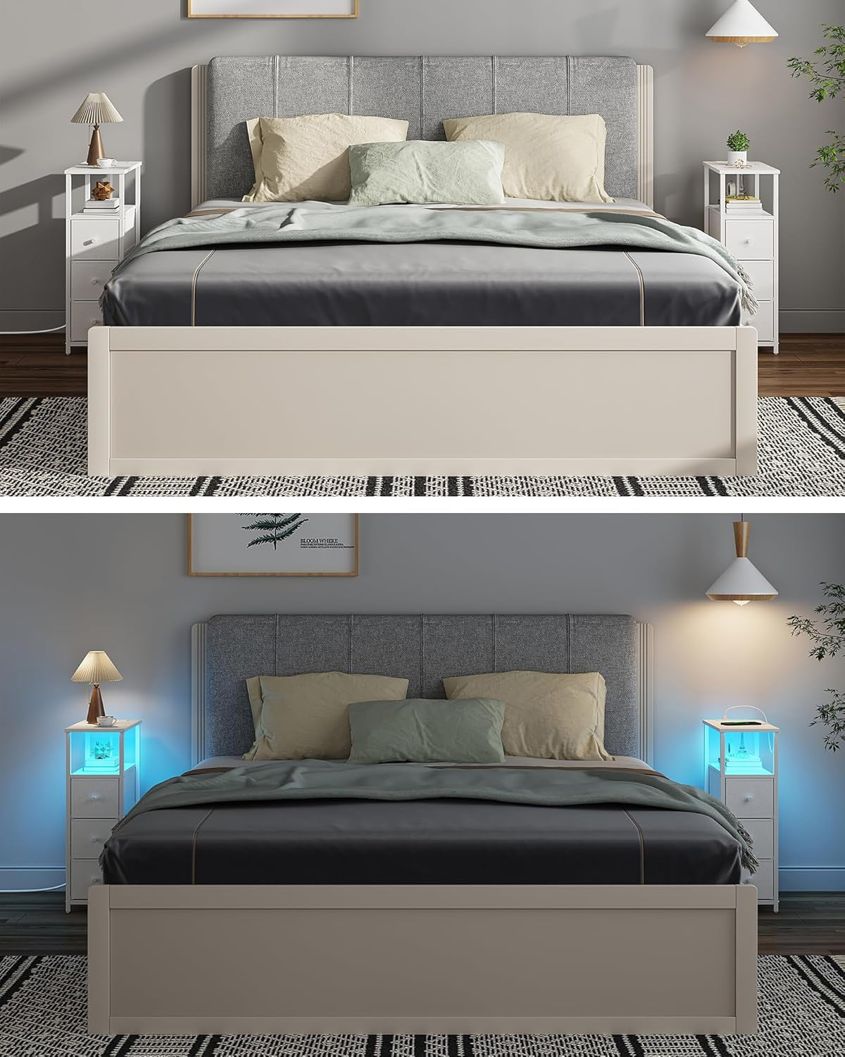 Narrow LED Night Stand with Charging Station, Slim End Table with Plugins, Tall Side Table with 3 Fabric Drawer, Small Bedside Table with Storage, for Living Room, White TB01BW086L