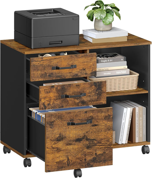 Lateral File Cabinet, Home Office Printer Stand, 3-Drawer Mobile Filing Cabinet with Open Storage Shelves, for A4, Letter-Size Files, Industrial, Rustic Brown and Black UOFC041B01