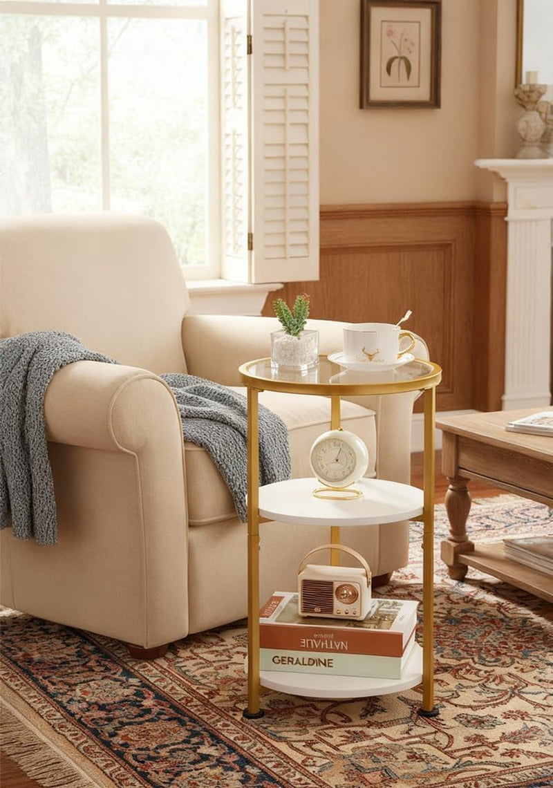 Glass Side Table, Tempered Glass Small round Side Table with 3-Tier Storage Shelves for Small Spaces, Modern Glass round End Table for Living Room, Bedside Nightstand for Bedroom (White+Gold)