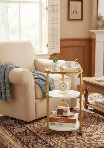 Glass Side Table, Tempered Glass Small round Side Table with 3-Tier Storage Shelves for Small Spaces, Modern Glass round End Table for Living Room, Bedside Table Nightstand for Bedroom (White)