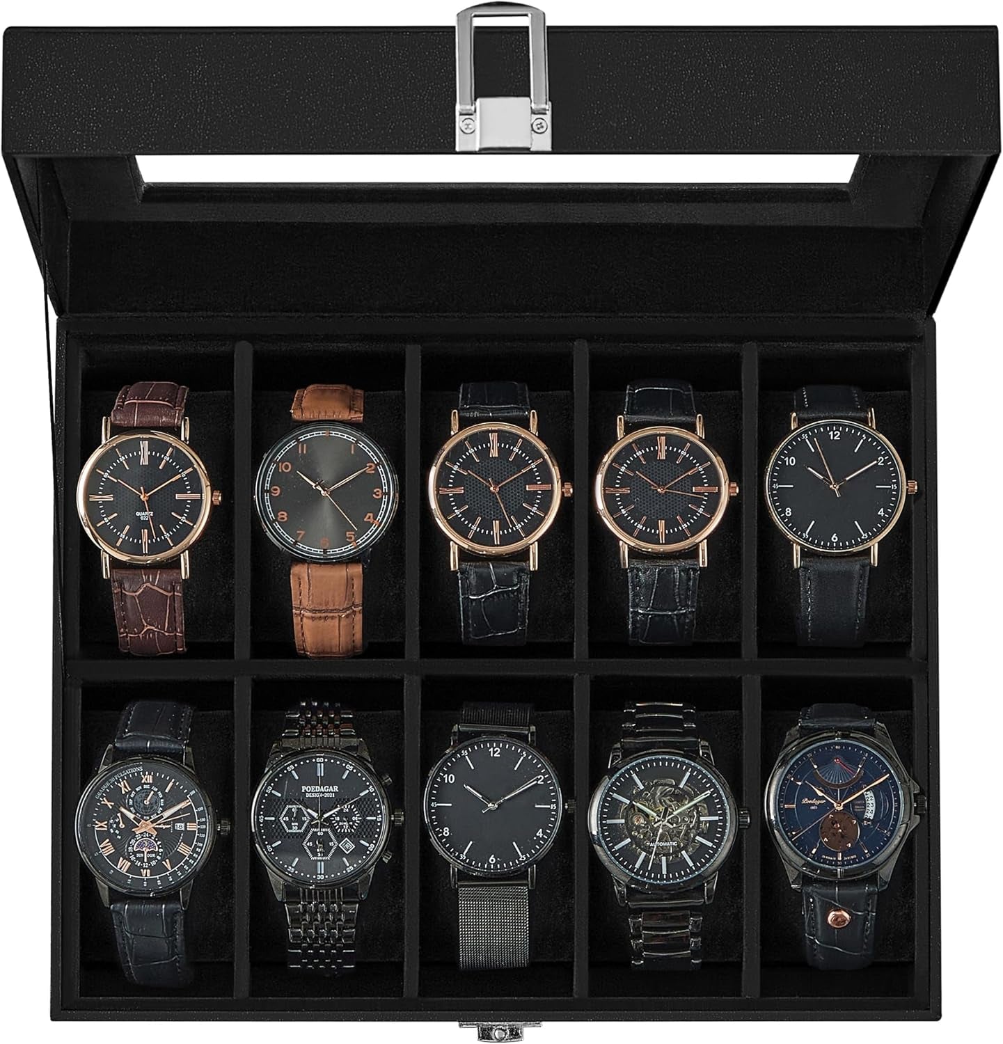 Watch Box, 12-Slot Watch Case with Large Glass Lid, Removable Watch Pillows, Watch Box Organizer, Gift for Loved Ones, Black Synthetic Leather, Wine Red Lining UJWB120R01