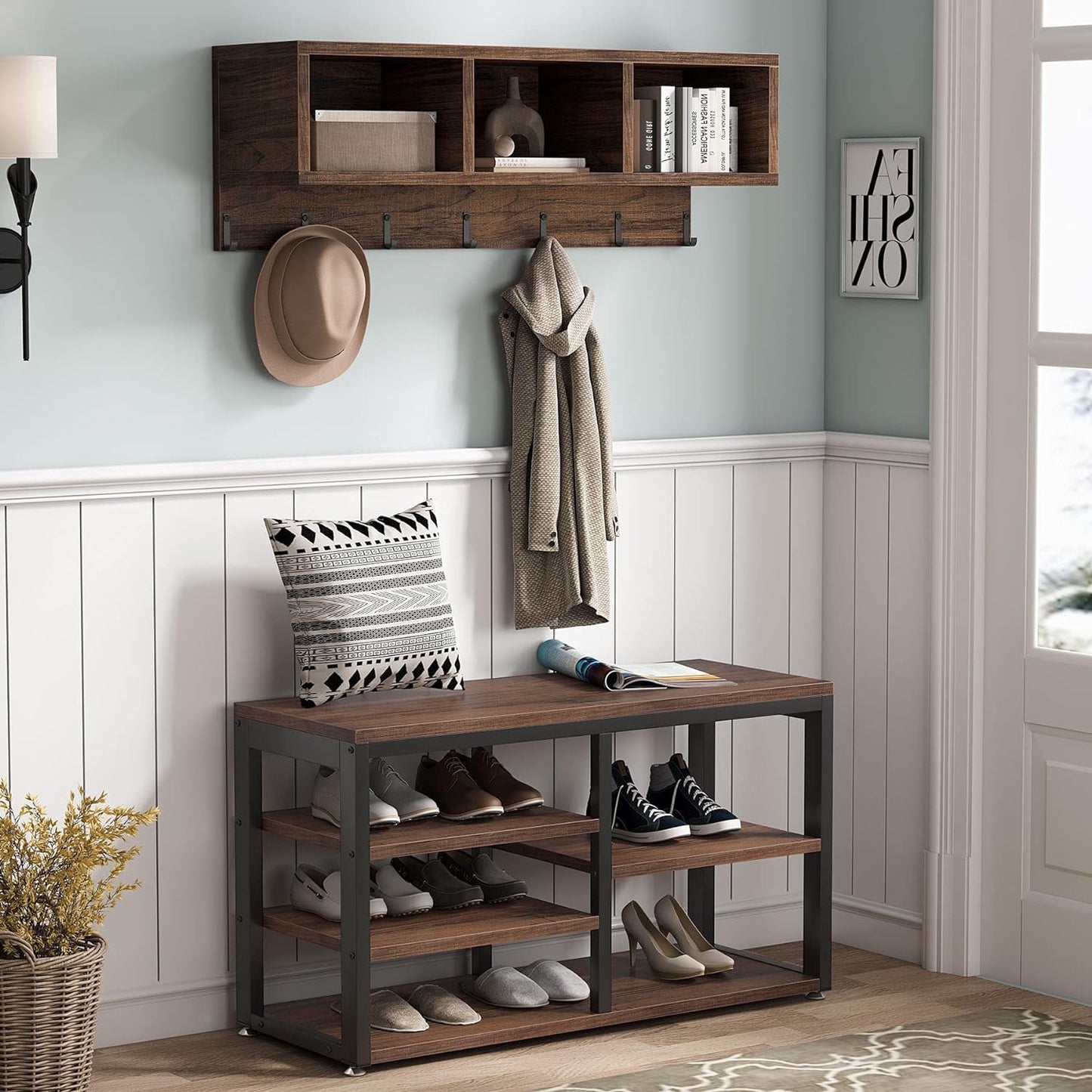 Industrial [Shoe] [Rack] [Bench] with Coat [Rack] Set with Hall Tree, 3 Storage Cubbies, 7 Hooks for Entryway, Hallway, 5-In-1Design, Rustic Brown