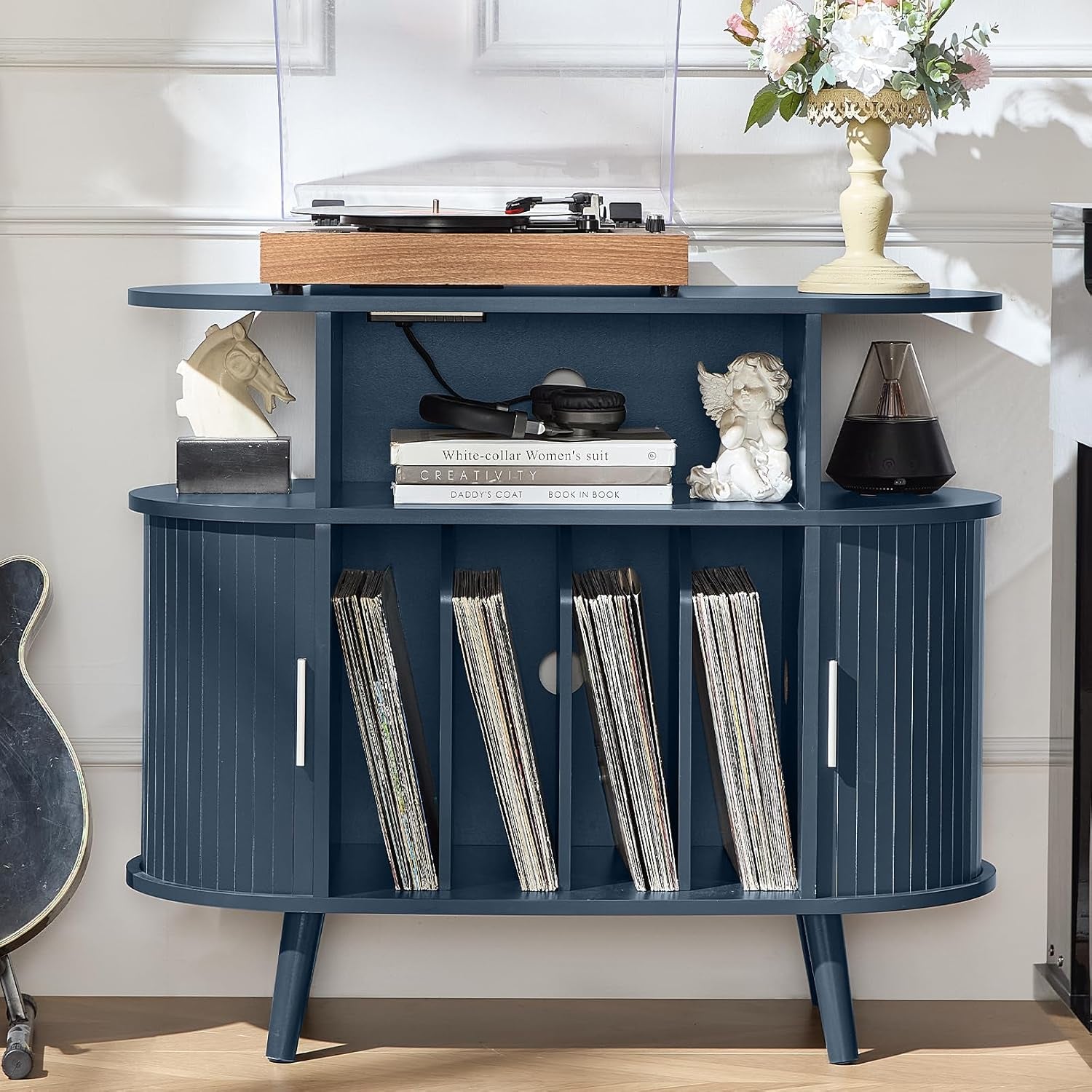 Large round Record Player Stand with Charging Station & Fluted Panel,Navy Blue Mid Century Modern Turntable Cabinet with Vinyl Storage, Arched Wood Record Player Table for Living Room