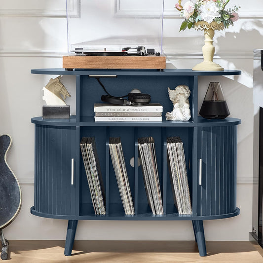 Large round Record Player Stand with Charging Station & Fluted Panel,Navy Blue Mid Century Modern Turntable Cabinet with Vinyl Storage, Arched Wood Record Player Table for Living Room