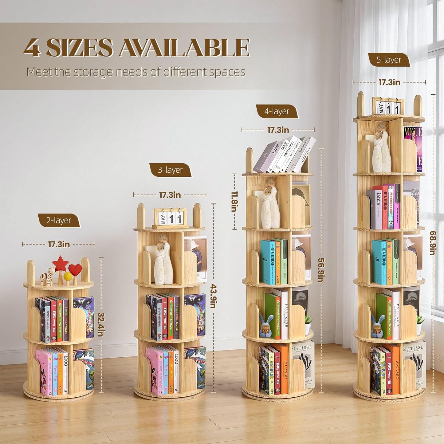 Rotating Bookshelf, Solid Pine Wood Spinning Bookshelf Tower 4 Tier, 360° Revolving Bookcase for Kids, Multi-Functiona Corner round Turning Book Shelf Organizer for Small Spaces