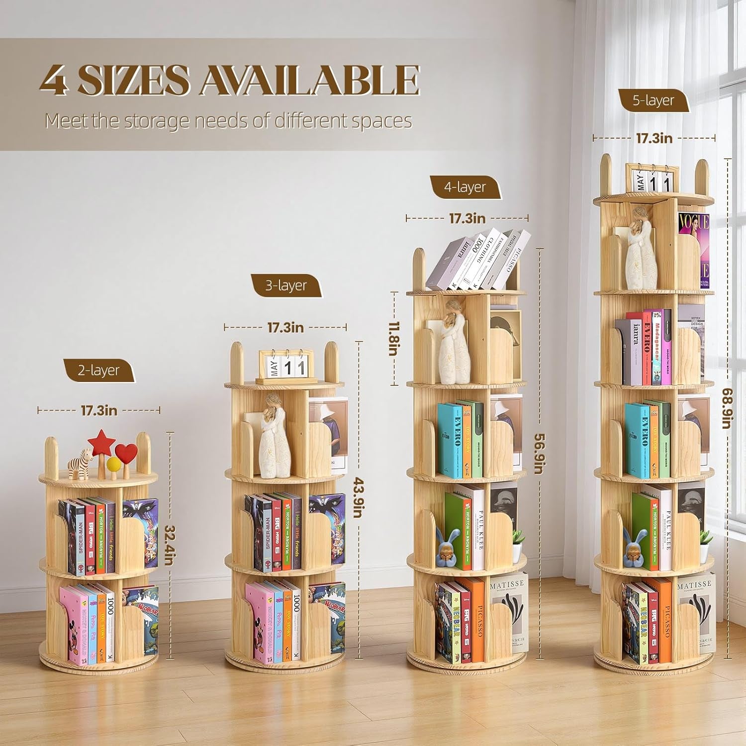 Rotating Bookshelf, Solid Pine Wood Spinning Bookshelf Tower 4 Tier, 360° Revolving Bookcase for Kids, Multi-Functiona Corner round Turning Book Shelf Organizer for Small Spaces