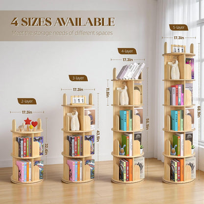 Rotating Bookshelf, Solid Pine Wood Spinning Bookshelf Tower 4 Tier, 360° Revolving Bookcase for Kids, Multi-Functiona Corner round Turning Book Shelf Organizer for Small Spaces