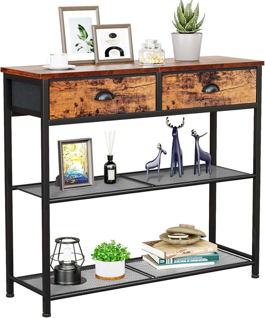 Console Sofa Table with Storage Shelf for Entry Way, Small 30'' Entryway Table with 2 Fabric Drawers, Industrial Display Shelves for Hallway, Entrance, Foyer, Rustic Brown