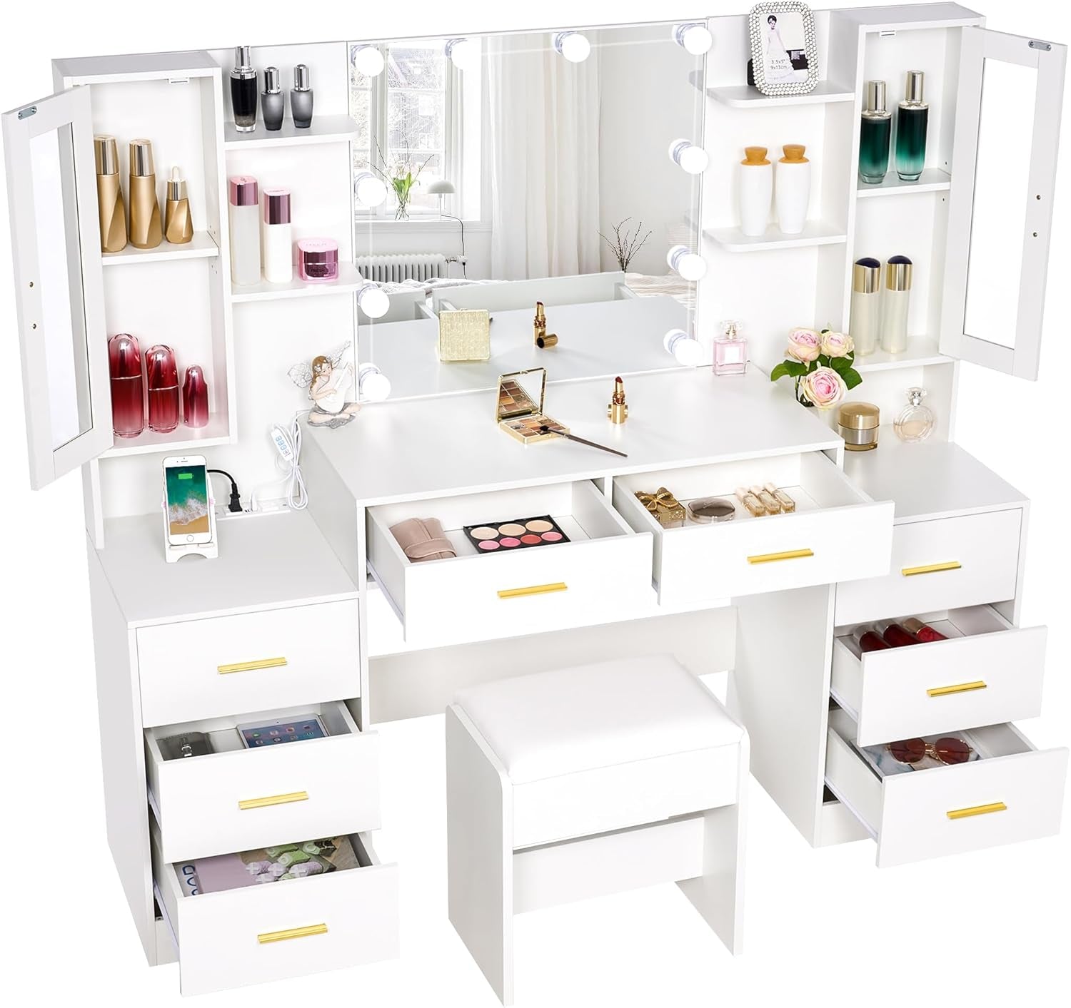 59.1" Large Vanity Desk with Mirror & Lights White Makeup Vanity Set with Power Outlet and 8 Drawers 3 Lighting Modes Adjustable Dressing Table for Girl Women Bedroom Dressing Room UBDT67W