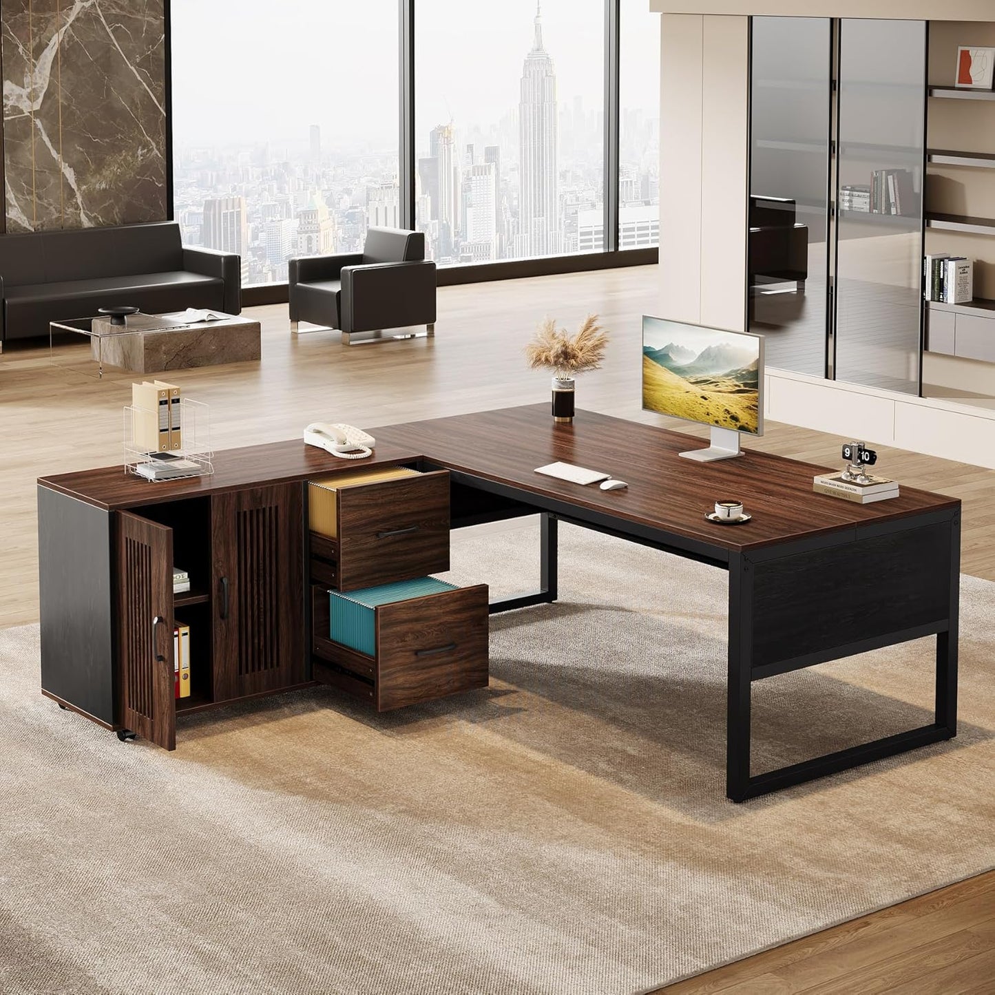 63-Inch L-Shaped Executive Desk with Mobile File Cabinet, Large Office Computer Desk, Business Furniture Table with Drawers and Storage Shelves for Home Office, Dark Walnut & Black