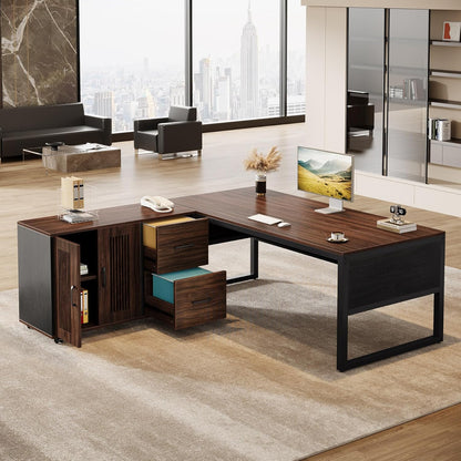 63-Inch L-Shaped Executive Desk with Mobile File Cabinet, Large Office Computer Desk, Business Furniture Table with Drawers and Storage Shelves for Home Office, Dark Walnut & Black