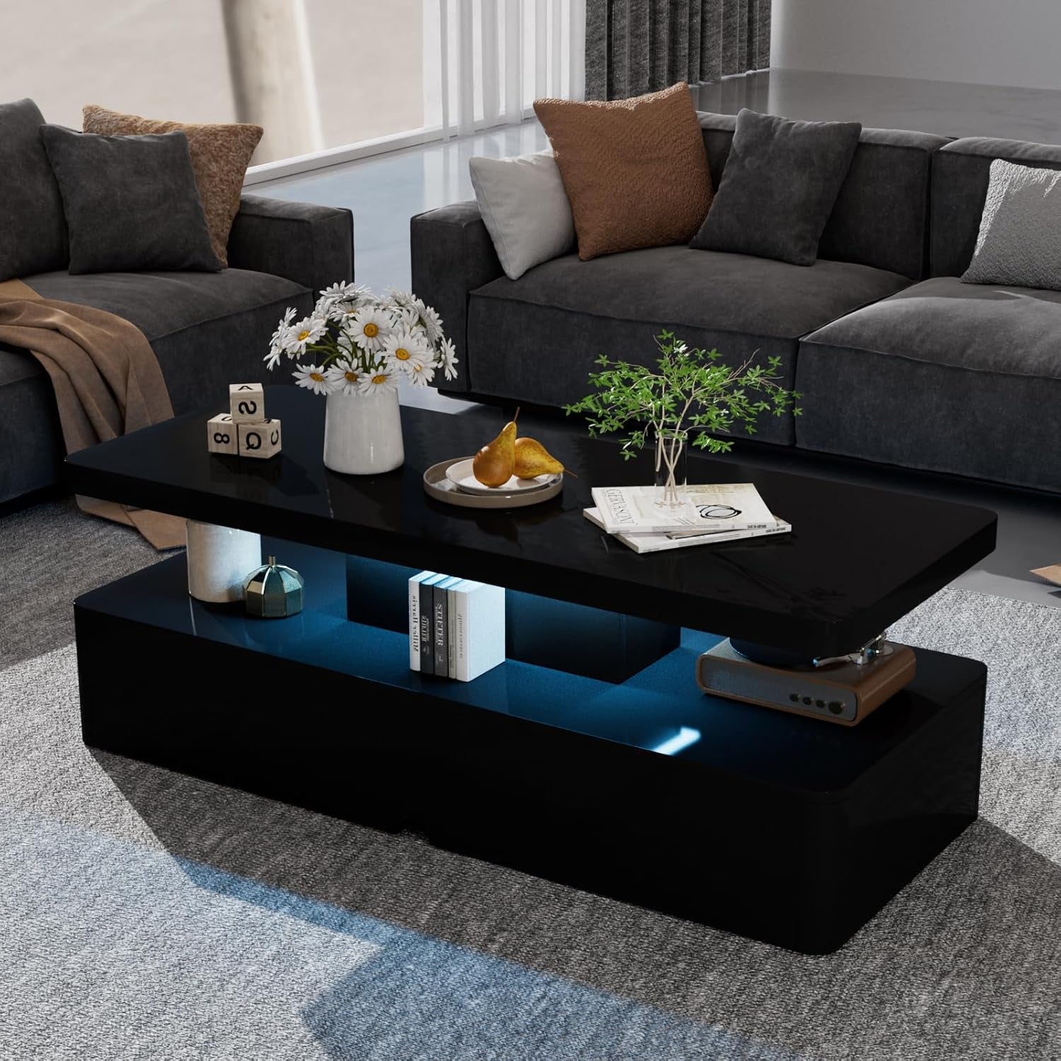 Modern LED Coffee Table, 40" Living Room Tables with 16 Colors LED Lights, Double-Layer Design, Stylish Coffee Tables for Living Room, Black