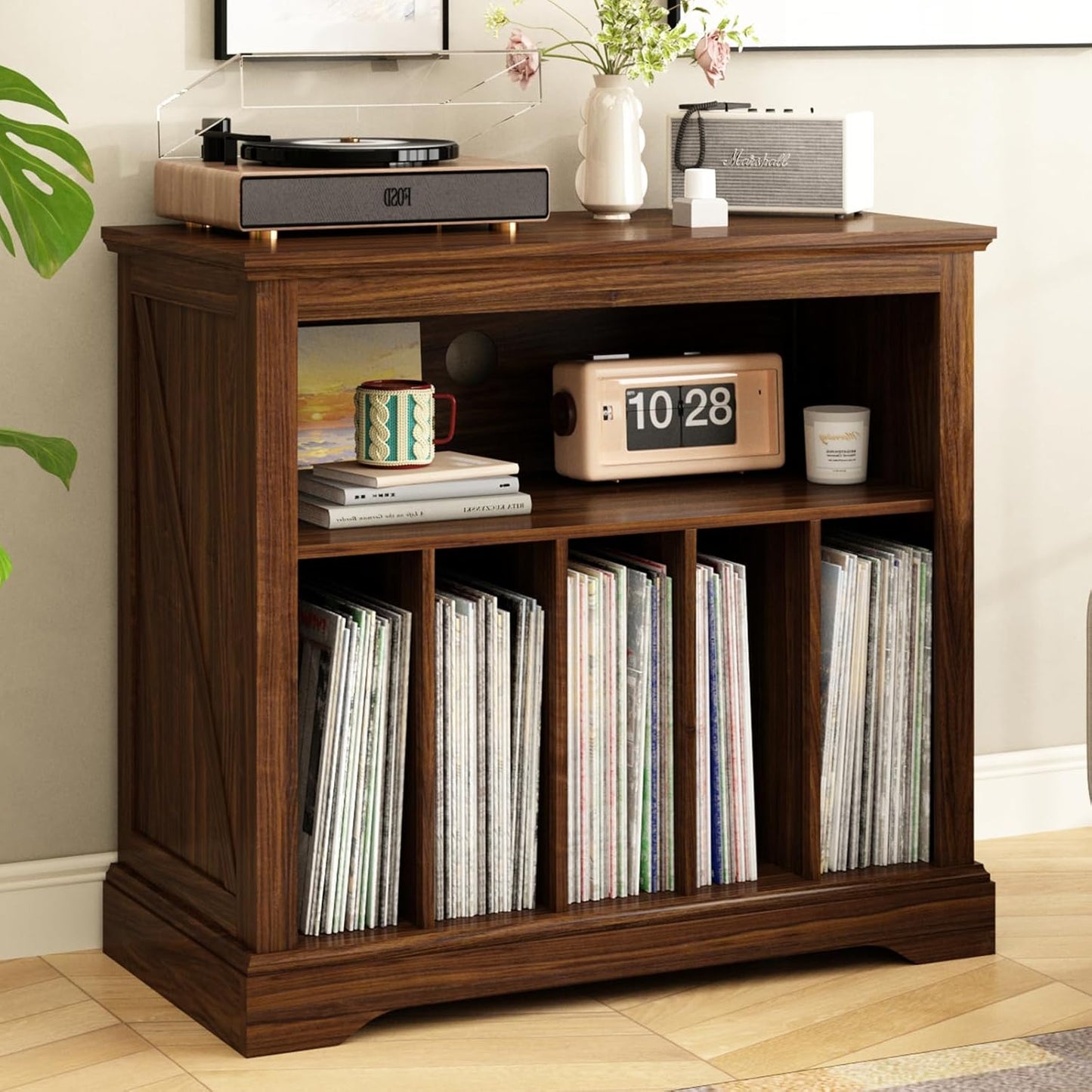 Large Farmhouse Record Player Stand, Turntable Stand with Vinyl Storage, Wood Record Holder Storage Cabinet Dispaly Shelf for Living Room, Bedroom, Office, Brown
