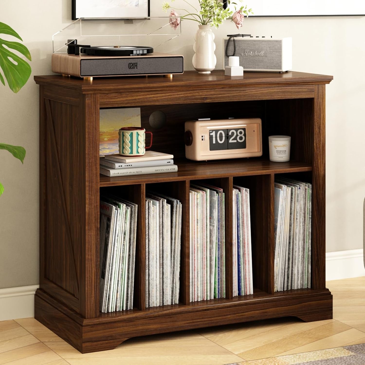 Large Farmhouse Record Player Stand, Turntable Stand with Vinyl Storage, Wood Record Holder Storage Cabinet Dispaly Shelf for Living Room, Bedroom, Office, Brown