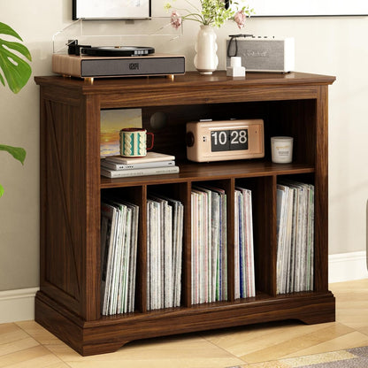 Large Farmhouse Record Player Stand, Turntable Stand with Vinyl Storage, Wood Record Holder Storage Cabinet Dispaly Shelf for Living Room, Bedroom, Office, Brown