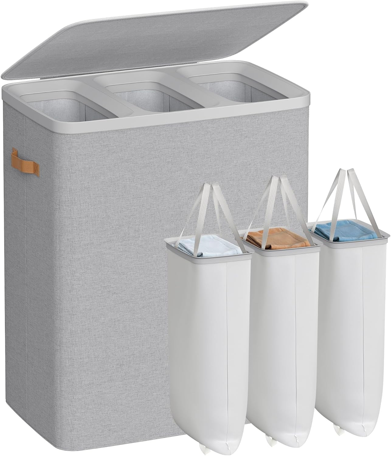 Laundry Basket, 50.2 Gal. Laundry Hamper, 3 Compartments, Easy Assembly, with Lid and Handles, Removable Liners, 25.2 X 15.7 X 29.5 Inches, Dove Gray ULCB814GD01