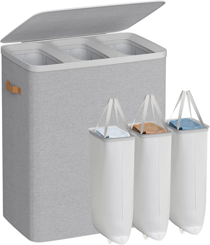 Laundry Basket, 50.2 Gal. Laundry Hamper, 3 Compartments, Easy Assembly, with Lid and Handles, Removable Liners, 25.2 X 15.7 X 29.5 Inches, Dove Gray ULCB814GD01