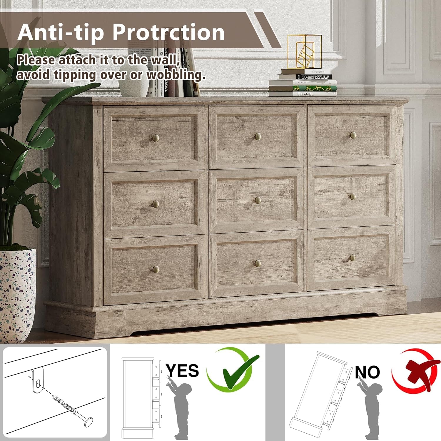 Dresser Bedroom Set of 4, 4 PCS Farmhouse Dressers Set, Included 53 Inch 9 Drawer Dresser, 5 Drawer Dresser and Nightstand Set of 2 with Charging Station,Bedroom Furniture Set (Gray)