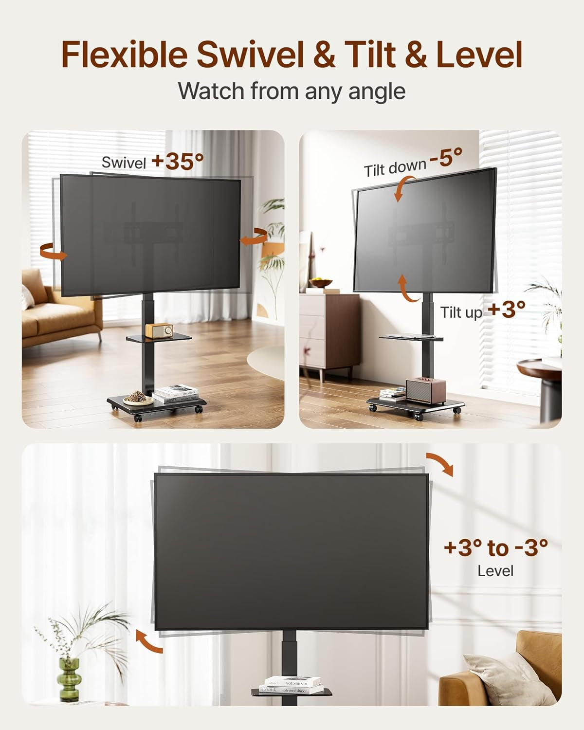 Steel Base Rolling TV Stand for 32-75 Inch Tvs up to 110 Lbs, Leveling & Tilt & Swivel Mobile TV Stand with Hidden Wire Management, Height Adjustable Portable Tv Stand with Steel Shelf, Black
