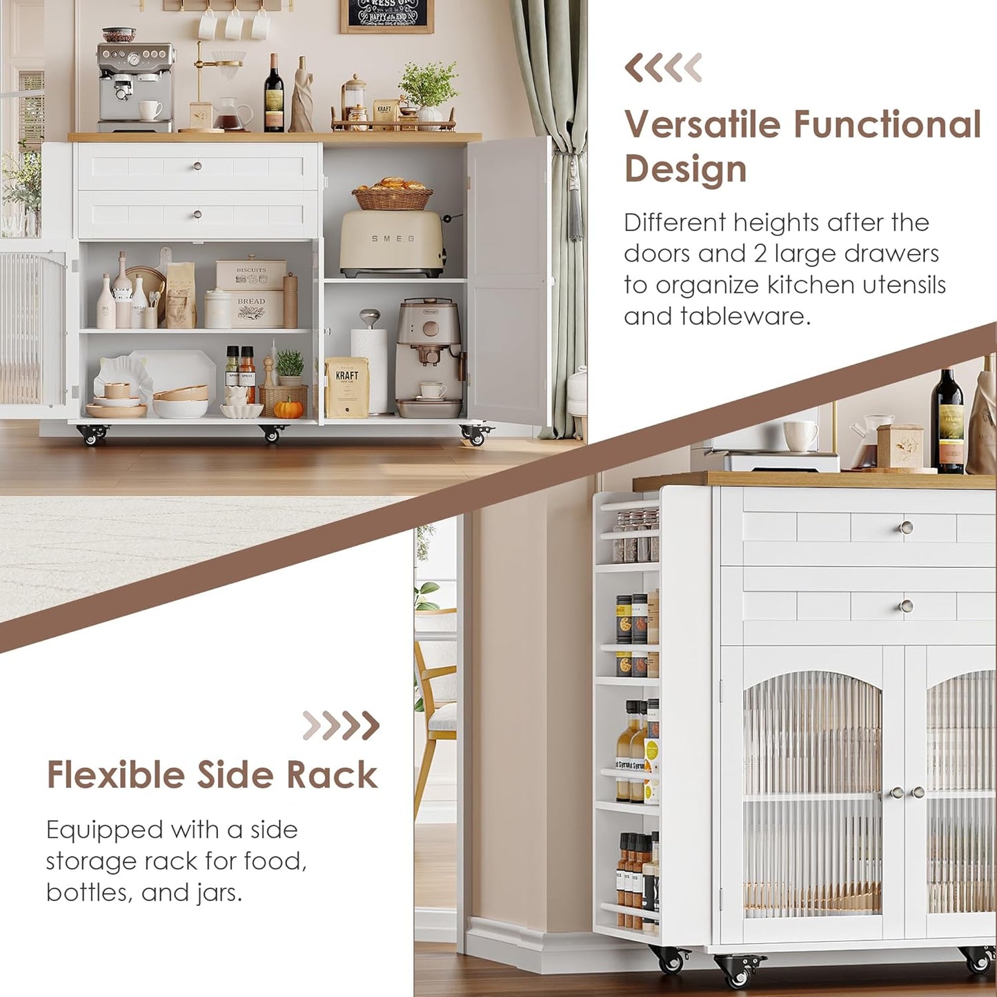 Kitchen Island with Storage, Rolling Kitchen Island on Wheels with Wood Drop Leaf Countertop, Island Table Bar Cart with Spice Towel Rack Portable Kitchen Table Kitchen Carts on Wheels