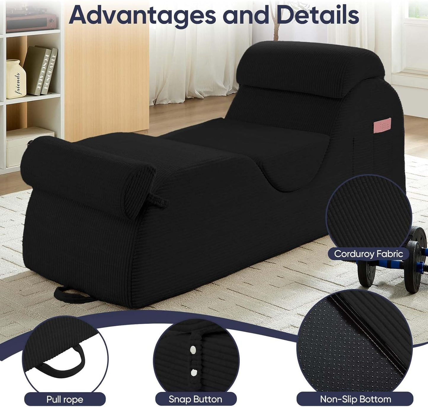 25" Wide Corduroy Yoga Chair, Yoga Lounge Chair for Adults, Chaise Lounge Chair Indoor/Yoga Lounger with Headrest, Waist Cushion, Movable Footrest, Side Pockets, High Density Sponge-Black
