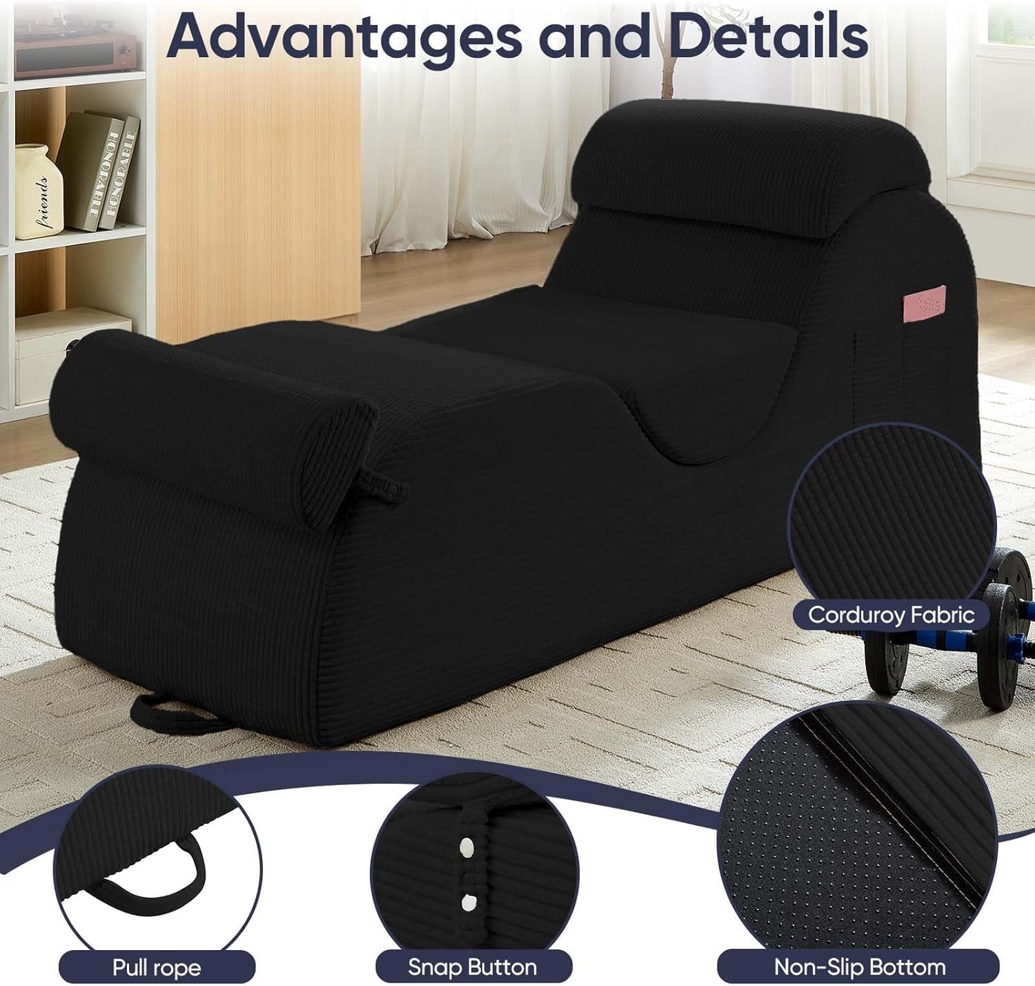 25" Wide Corduroy Yoga Chair, Yoga Lounge Chair for Adults, Chaise Lounge Chair Indoor/Yoga Lounger with Headrest, Waist Cushion, Movable Footrest, Side Pockets, High Density Sponge-Dark Grey