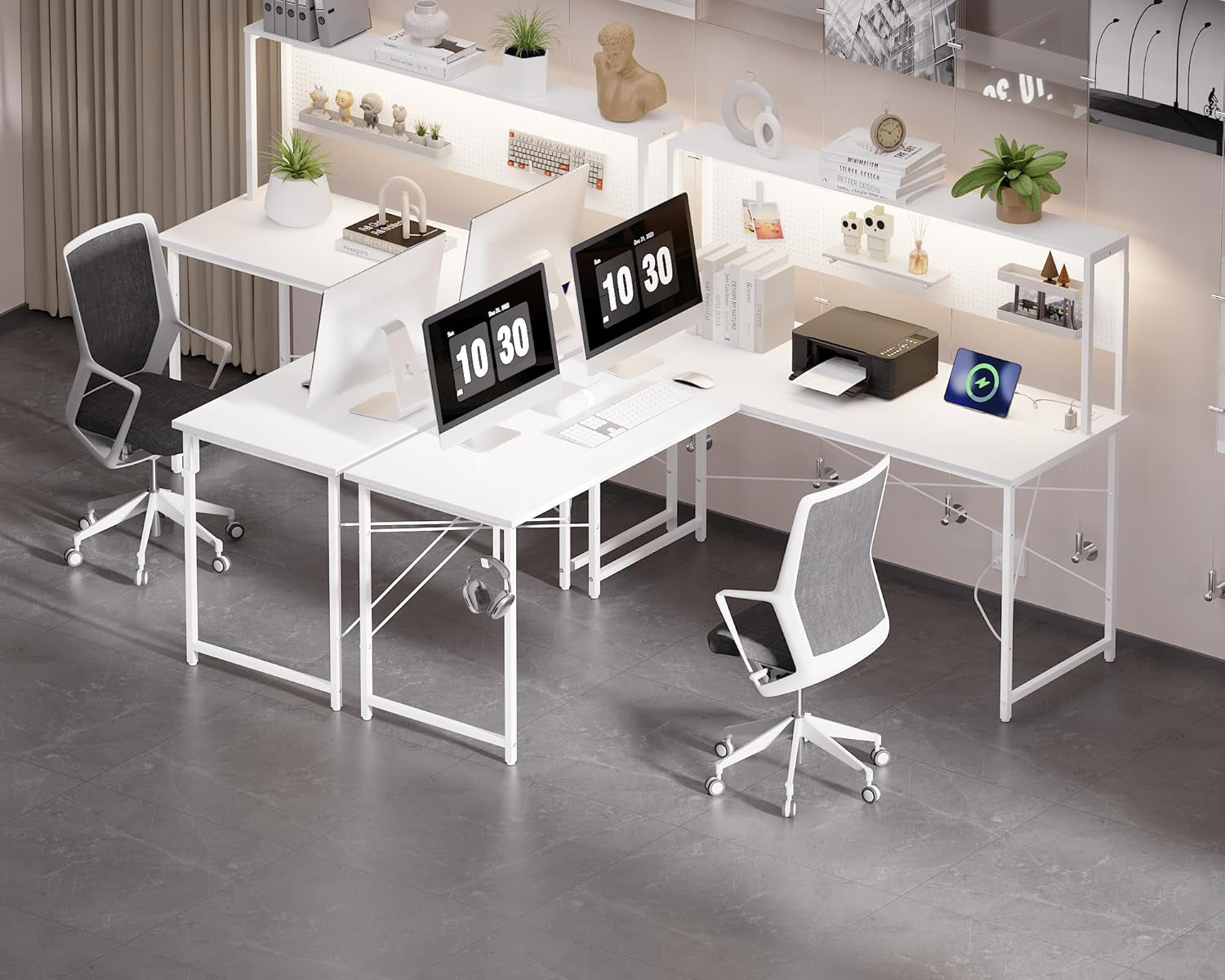 60 Inch L Shaped Gaming Desk with LED Lights and Power Outlets Reversible Corner Computer Desk with Pegboard Storage Shelves Home Office Table for Work Study White