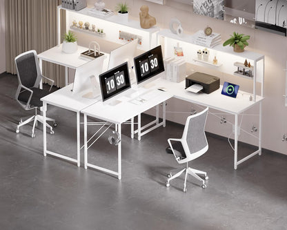 60 Inch L Shaped Gaming Desk with LED Lights and Power Outlets Reversible Corner Computer Desk with Pegboard Storage Shelves Home Office Table for Work Study White