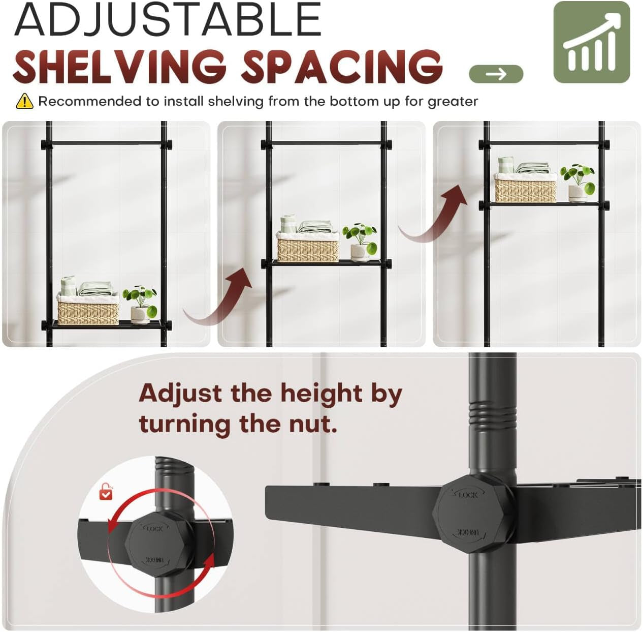 over the Toilet Storage Shelf, 4 Tier Bathroom Organizer Shelves with 64-124Inch(H) 15-27Inch(W) Adjustable No Drilling Tension Mounting, Black Space Saver Bathroom Shelf Rack above Toilet