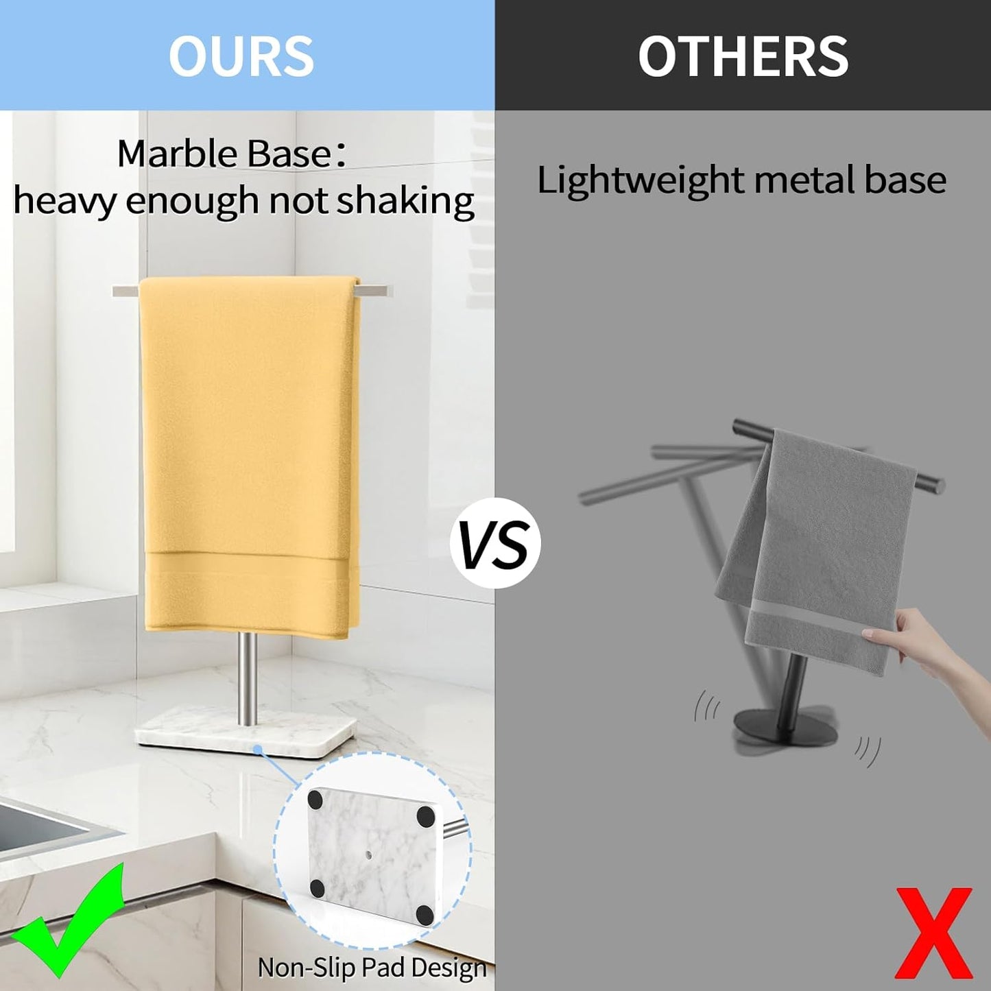 Hand Towel Holder Stand, T-Shape Hand Towel Rack for Bathroom, Hand Towel Stainless Steel for Kitchen Vanity Countertop, Marble Base Brushed Adjustable 9.06" -17.68"