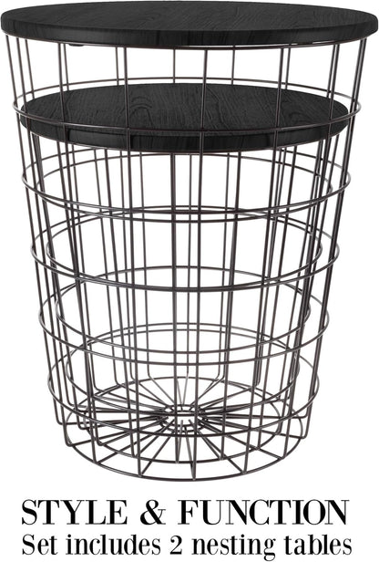 End Tables Set of 2 - Nesting Tables with Removable Wood Tops and Metal Basket Bases for Blanket Storage - round Side Pieces for Living Room, Bedroom, or Home Office by  (Black)