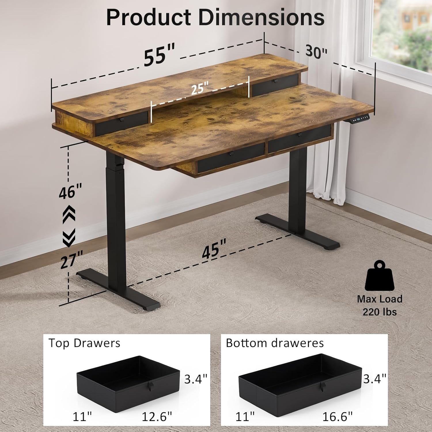 Electric Standing Desk with Drawers & USB Charging Port, 48''X 30''Adjustable Height Sit Stand up Widened Desktop Desk, Computer Office Desks with Storage for Home Workstation, 3 Memory Height Preset