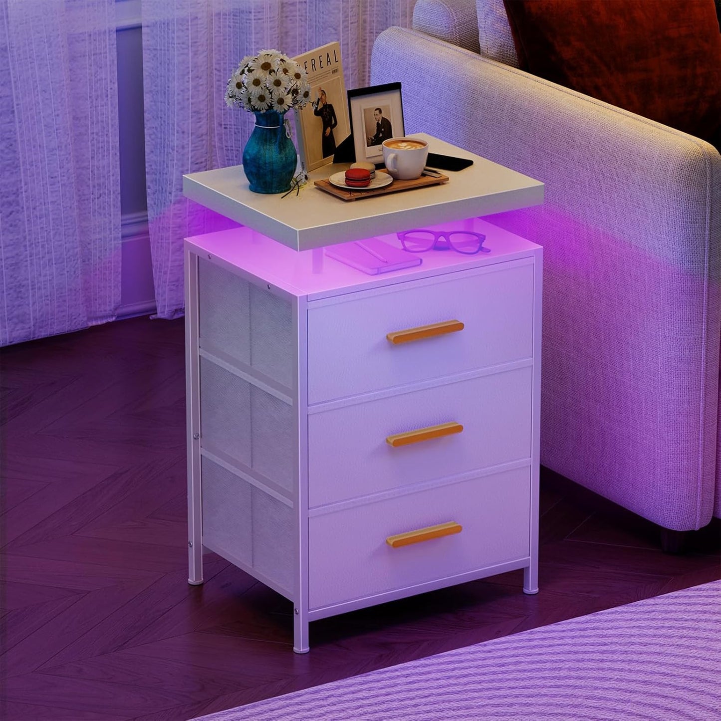 White Night Stand with Drawers, LED Bedside Table with Open Shelf, Nightstand with PU Leather Finish Drawers, Small End Table for Bedroom, Living Room, 23.8''H