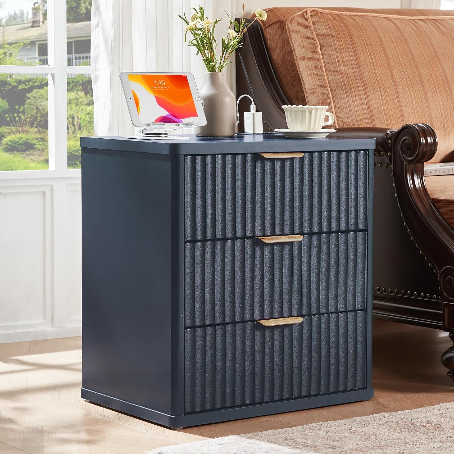 Fluted Dresser and Nightstand Sets, Wood 48" Wide Dresser & 23" Night Stand with Charging Station, 2 Piece Bedroom Furniture Set, Chest of Drawers for Bedroom, Home, Living Room,Nave Blue