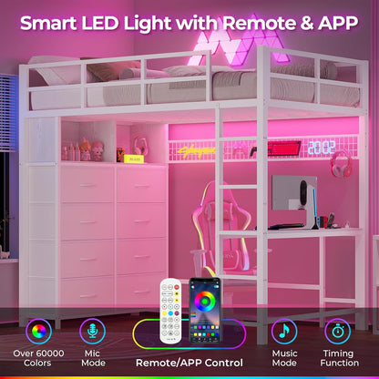 Twin Size Loft Bed with Desk and 8 Storage Drawers, Metal Kids Loft Bed Twin with LED Lights & Charging Sation, Storage Shelves, 13.1" H Safety Guard & Ladder, No Box Spring Needed, White