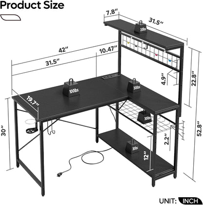 42 L Gaming Desk,Computer Desk with Power Outlets, LED Lights, Reversible Corner Desk with 4-Tier Shelves,Cup Holder & Hook Carbon Fiber Black