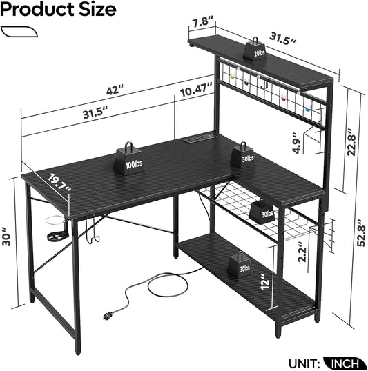 42 L Gaming Desk,Computer Desk with Power Outlets, LED Lights, Reversible Corner Desk with 4-Tier Shelves,Cup Holder & Hook Carbon Fiber Black