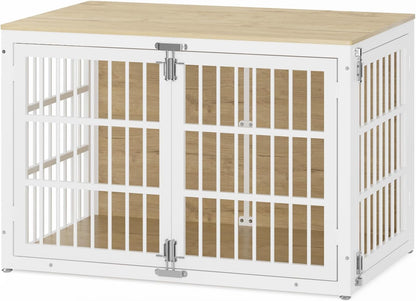 48" Heavy Duty Dog Crate Furniture, Wooden Dog Cage Kennel for Lrage and Extra Large Dogs, Dog Kennel Indoor with Side Door, Decorative Pet House End Table, White and Natural