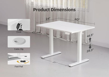 Electric Standing Desk Adjustable Height, 40 X 24 Inches Stand up Desk with Cable Management, Home Office Desks with Splice Board & White Frame, White Top