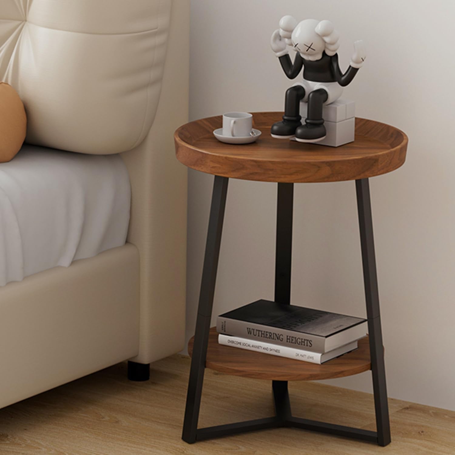 round End Table with Storage Shelf, 2 Tier Farmhouse Side Table Nightstand for Living Room, Bedroom, Wood Tabletop & Black Metal Frame, Brown 15.7 * 15.7 * 23.0Inches