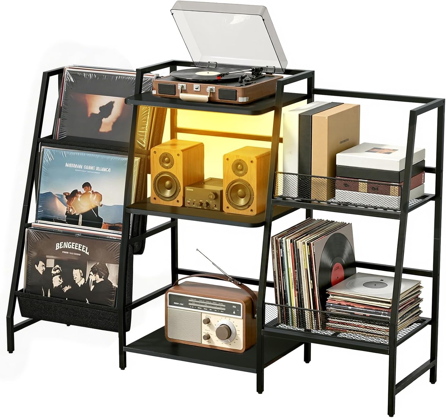 Record Player Stand with LED Lights, Record Player Table with Large Capacity Storage Holds up to 300 Albums, Vinyl Records Stands for Living Room, Turntable Stand Shelf for Albums, Black