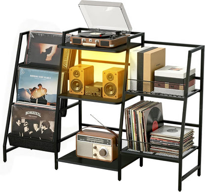 Record Player Stand with LED Lights, Record Player Table with Large Capacity Storage Holds up to 300 Albums, Vinyl Records Stands for Living Room, Turntable Stand Shelf for Albums, Black
